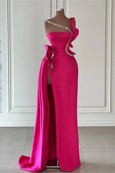 Amazing Fuchsia Mermaid Evening Dress Ruffles With Beads Long
